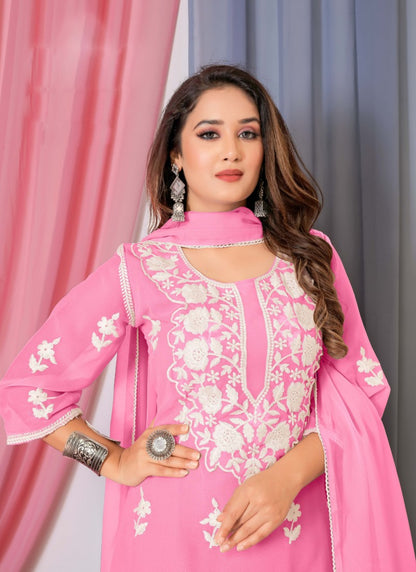 Pink Georgette Palazzo Suit With Embroidery and Thread Work