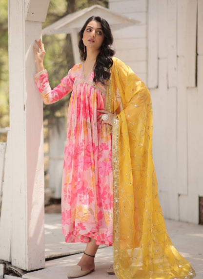 Pink Anarkali Gown With Flower Print