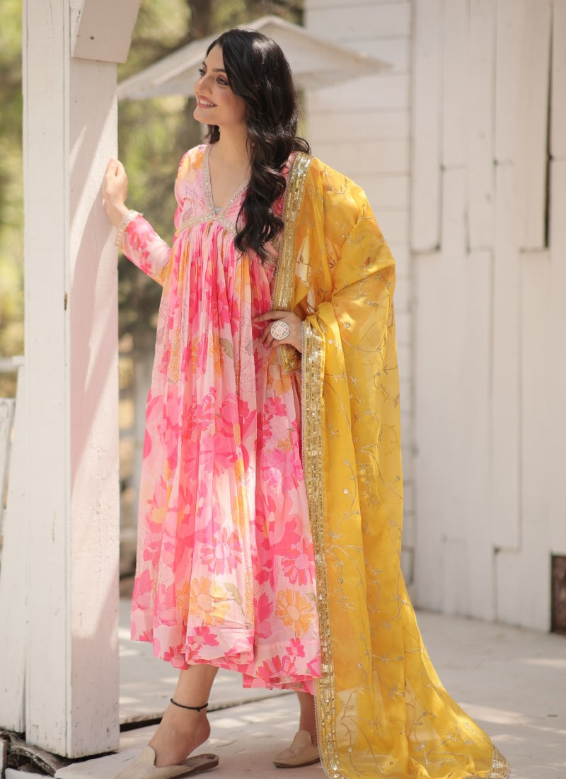 Pink Anarkali Gown With Flower Print