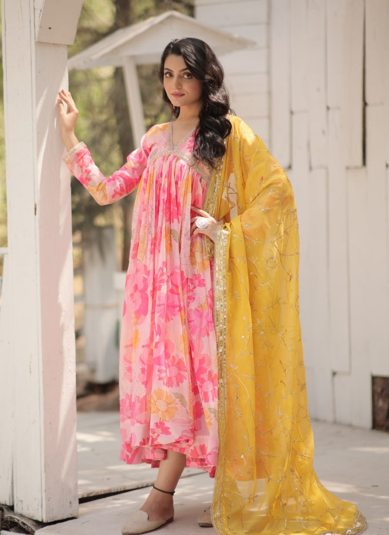 Pink Anarkali Gown With Flower Print