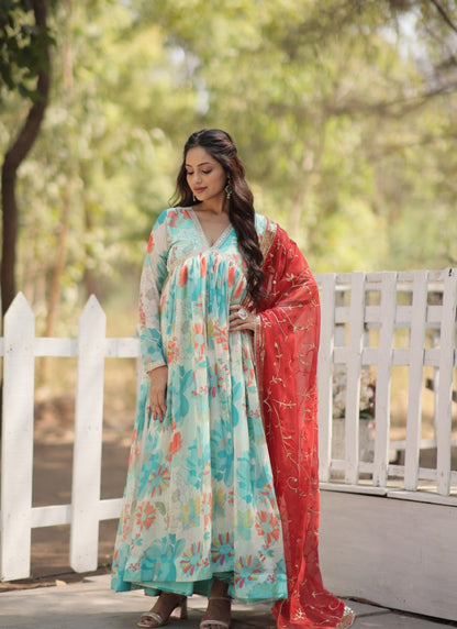 Sky Blue Anarkali Gown With Flower Print