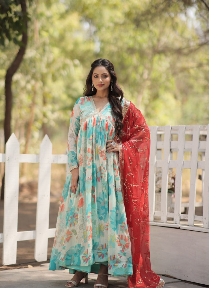 Sky Blue Anarkali Gown With Flower Print