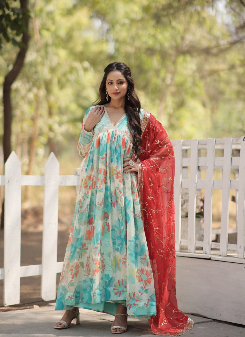 Sky Blue Anarkali Gown With Flower Print