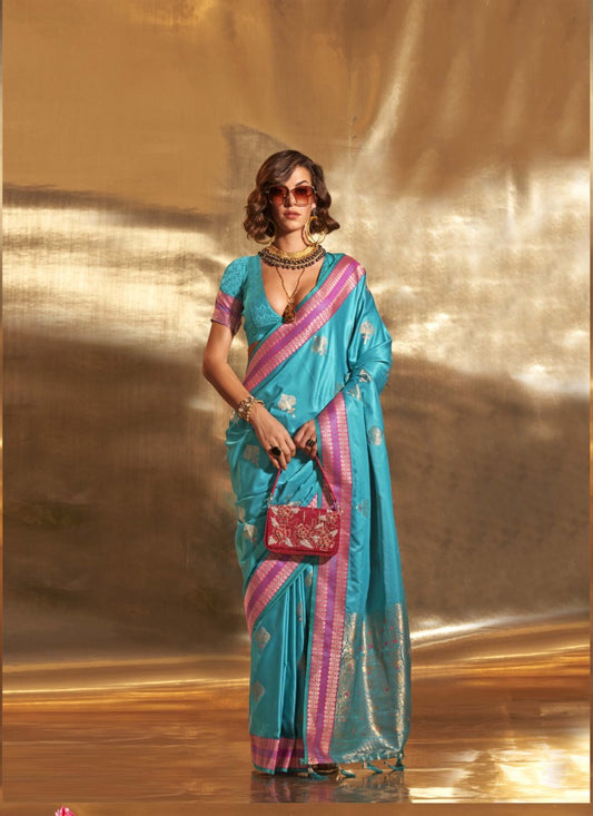 Aqua Blue Banarasi Silk Saree