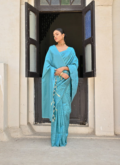 Sky Blue Silk Kalamkari Saree