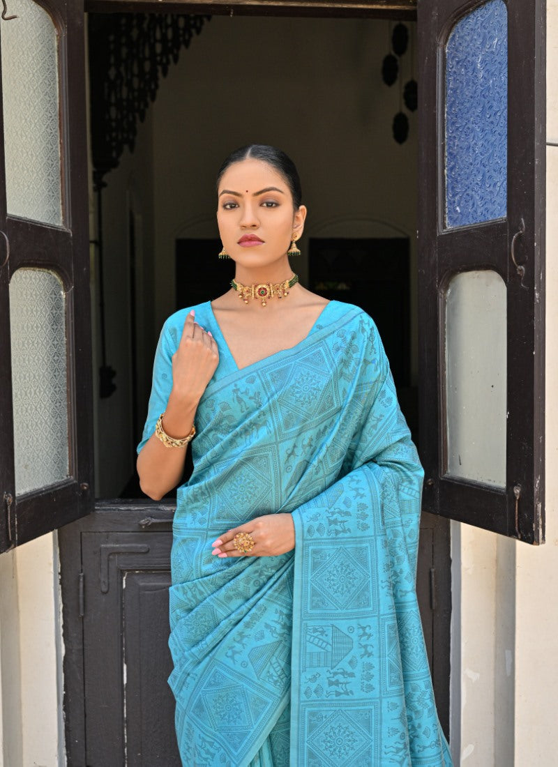 Sky Blue Silk Kalamkari Saree