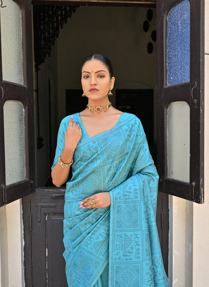 Sky Blue Silk Kalamkari Saree