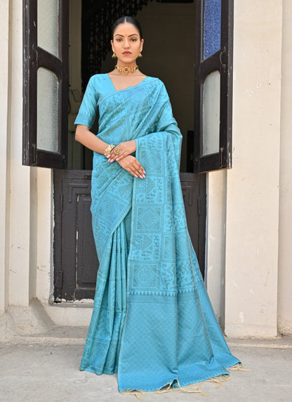 Sky Blue Silk Kalamkari Saree