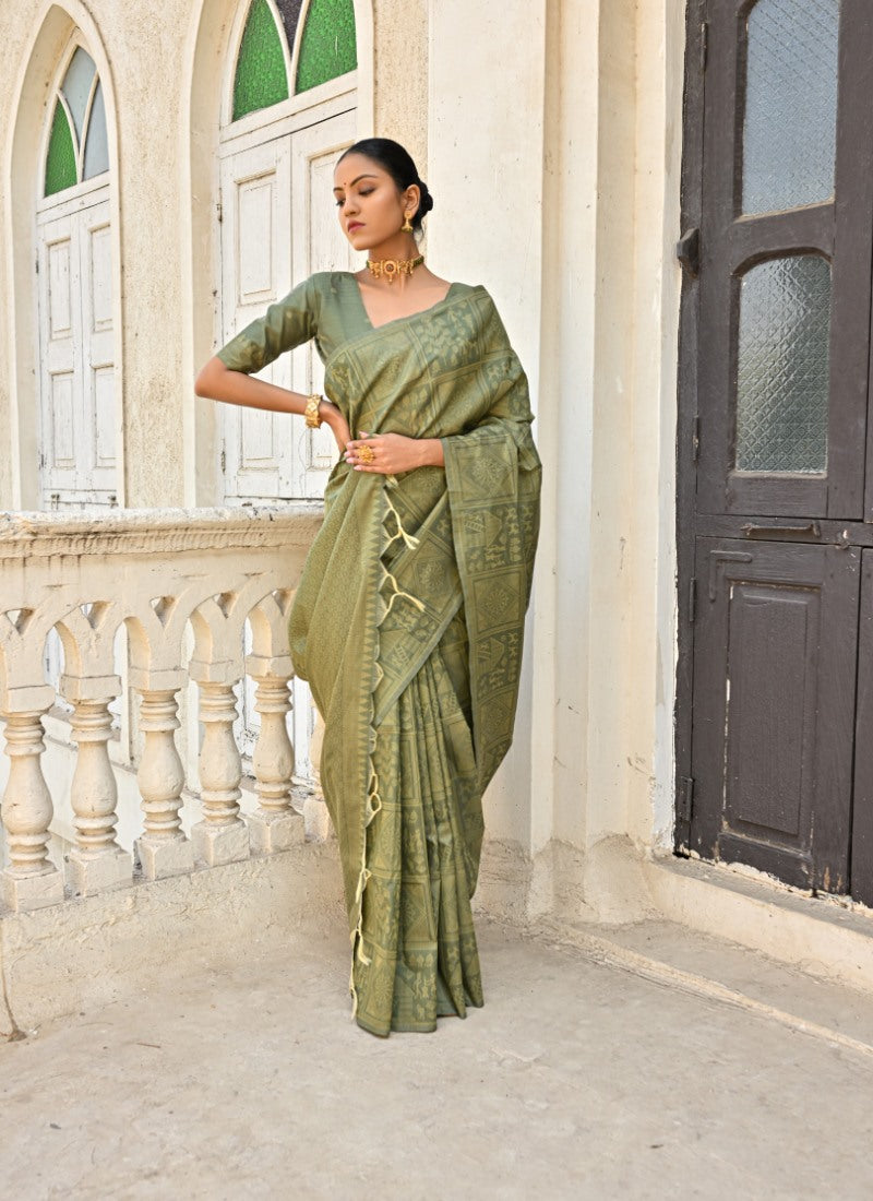 Olive Green Silk Kalamkari Saree-2