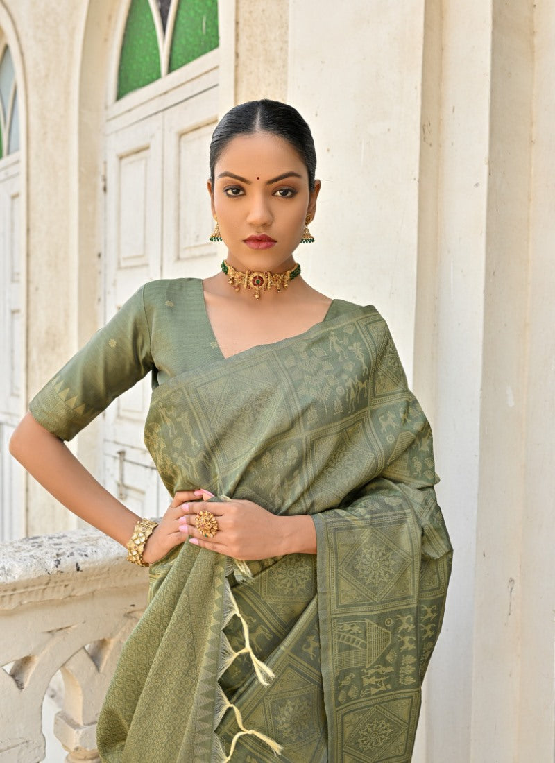 Olive Green Silk Kalamkari Saree