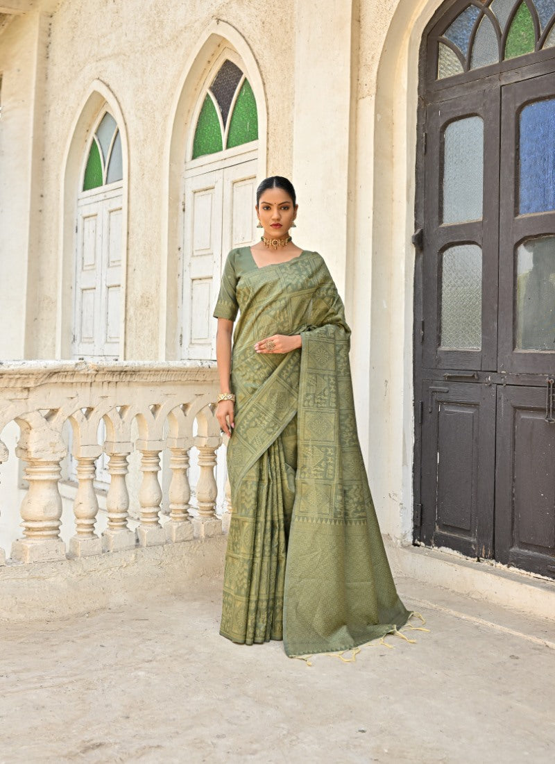 Olive Green Silk Kalamkari Saree