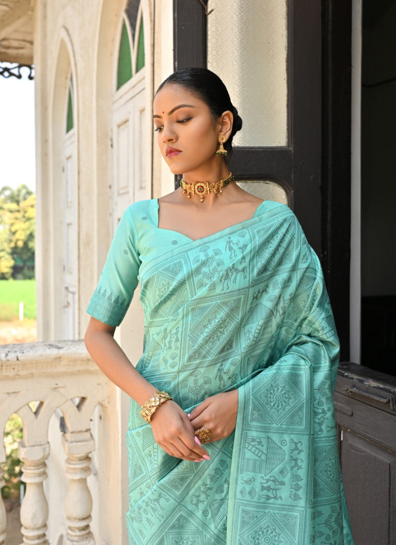 Sea Green Silk Kalamkari Saree