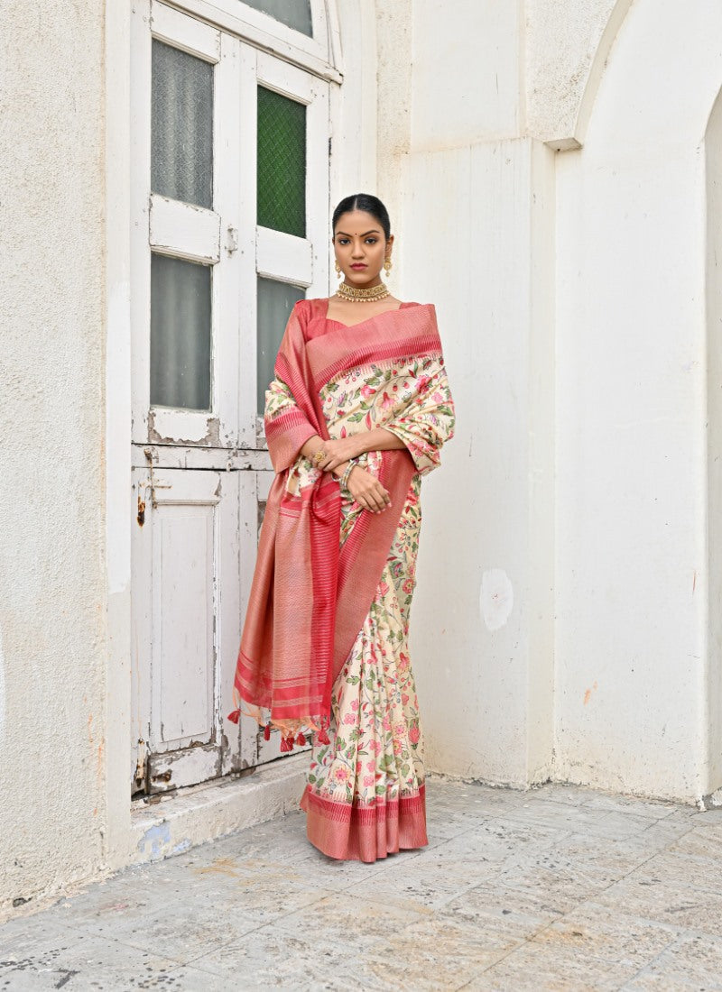 Cream Banarasi Silk Saree