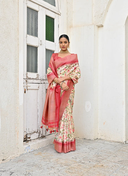 Cream Banarasi Silk Saree