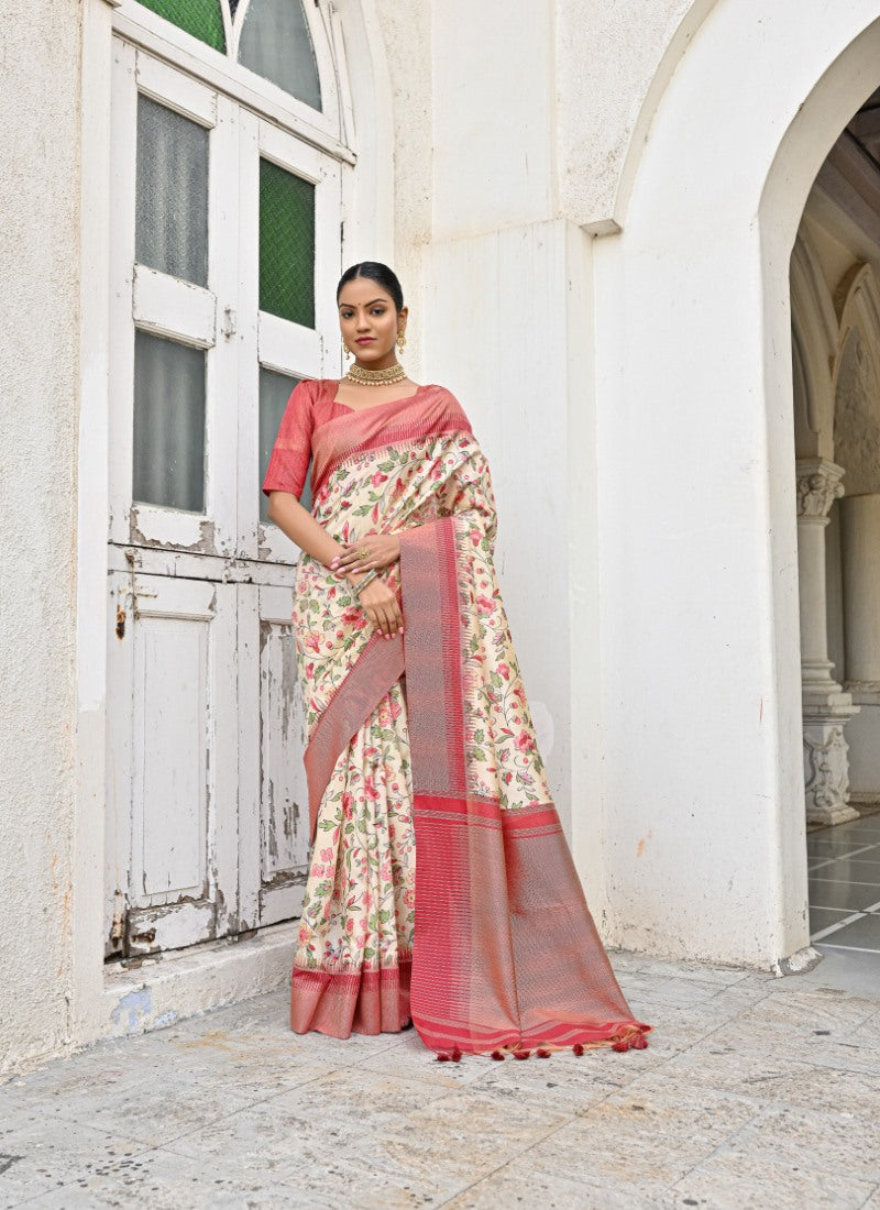 Cream Banarasi Silk Saree