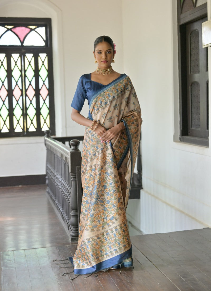 Blue Tussar Silk Saree