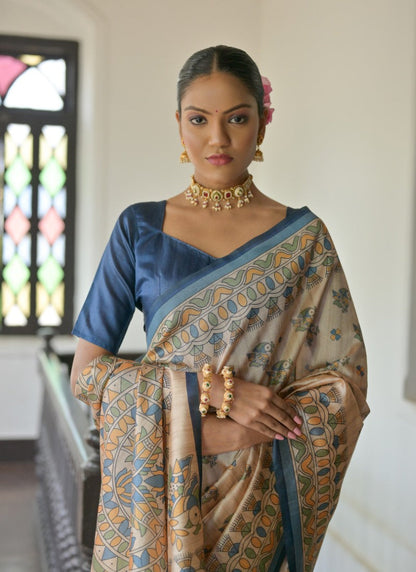 Blue Tussar Silk Saree