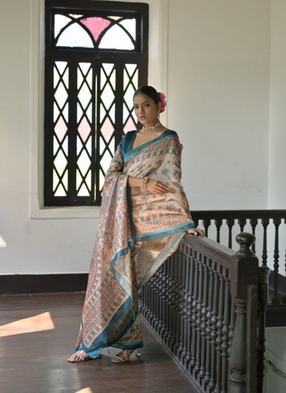 Teal Blue Tussar Silk Saree