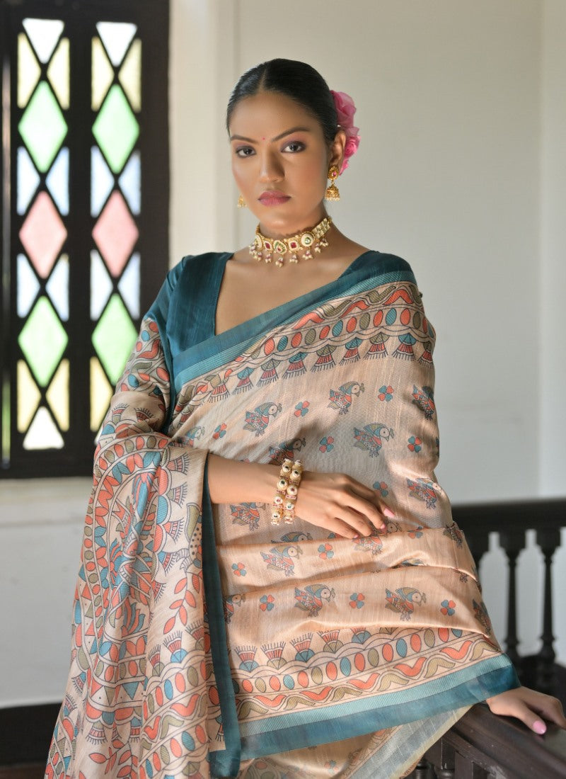 Teal Blue Tussar Silk Saree