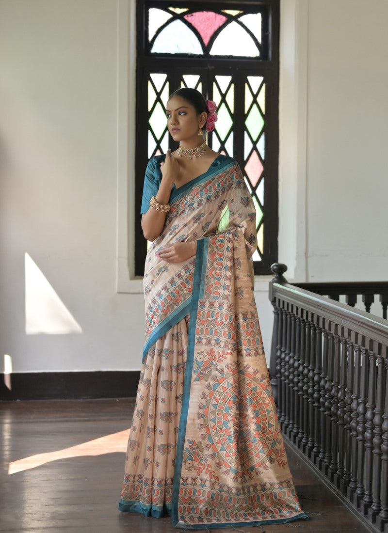 Teal Blue Tussar Silk Saree