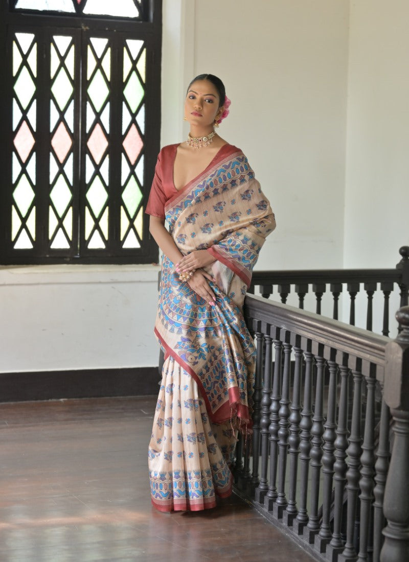 Red Tussar Silk Saree