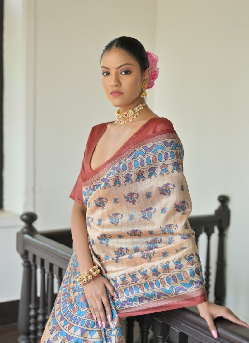 Red Tussar Silk Saree