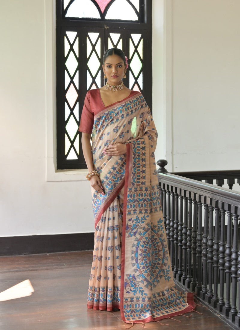 Red Tussar Silk Saree