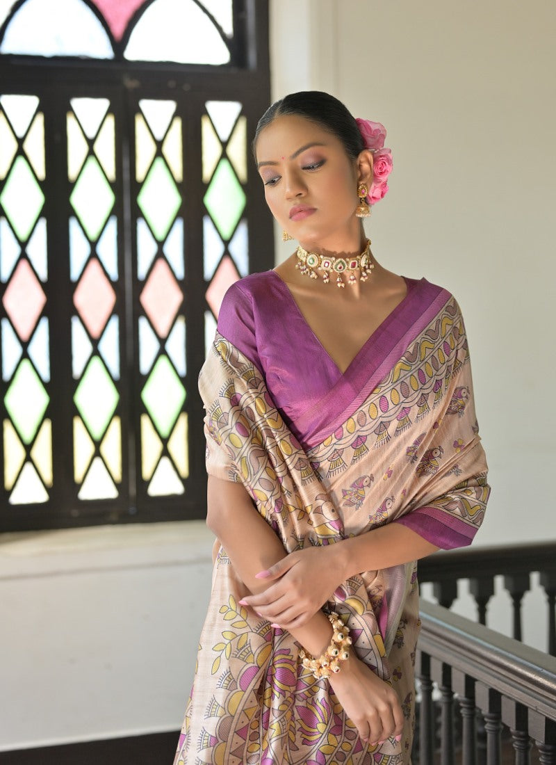 Purple Tussar Silk Saree