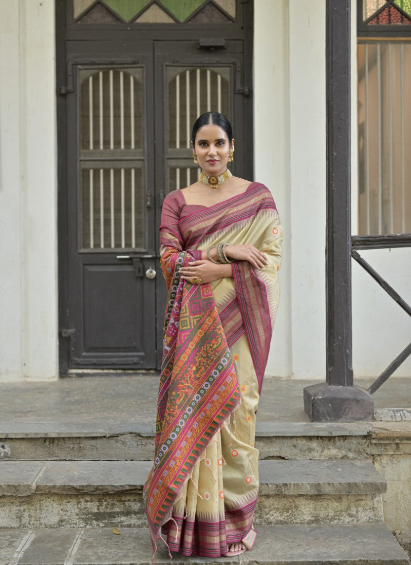 Beige Silk Handloom Saree With Handwoven Work-2