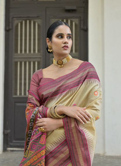 Beige Silk Handloom Saree With Handwoven Work