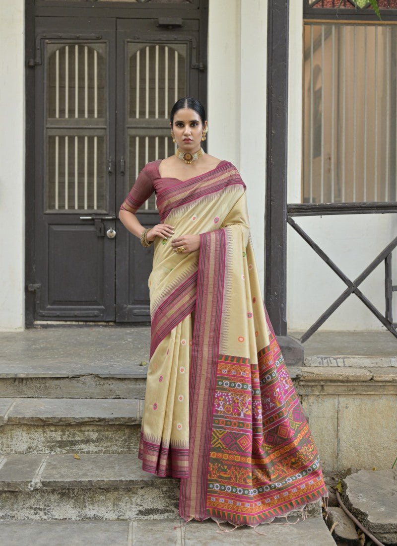 Beige Silk Handloom Saree With Handwoven Work