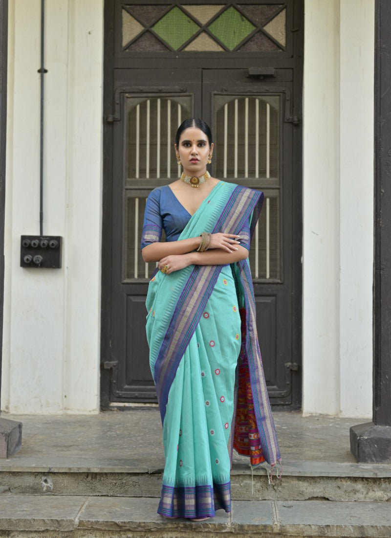 Sea Green Silk Handloom Saree With Handwoven Work-2