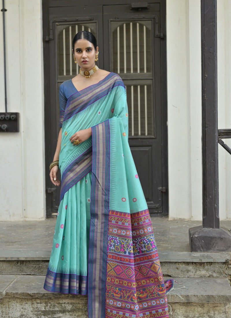 Sea Green Silk Handloom Saree With Handwoven Work