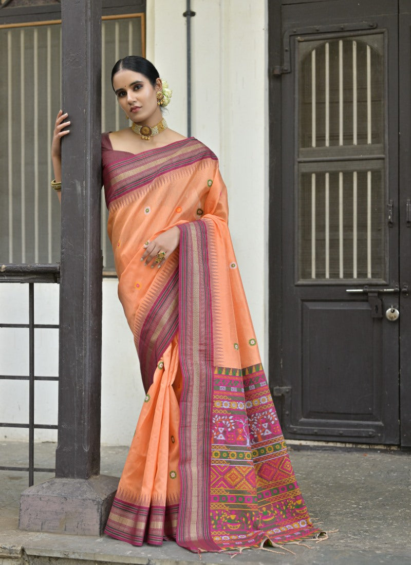 Orange Silk Handloom Saree With Handwoven Work-2