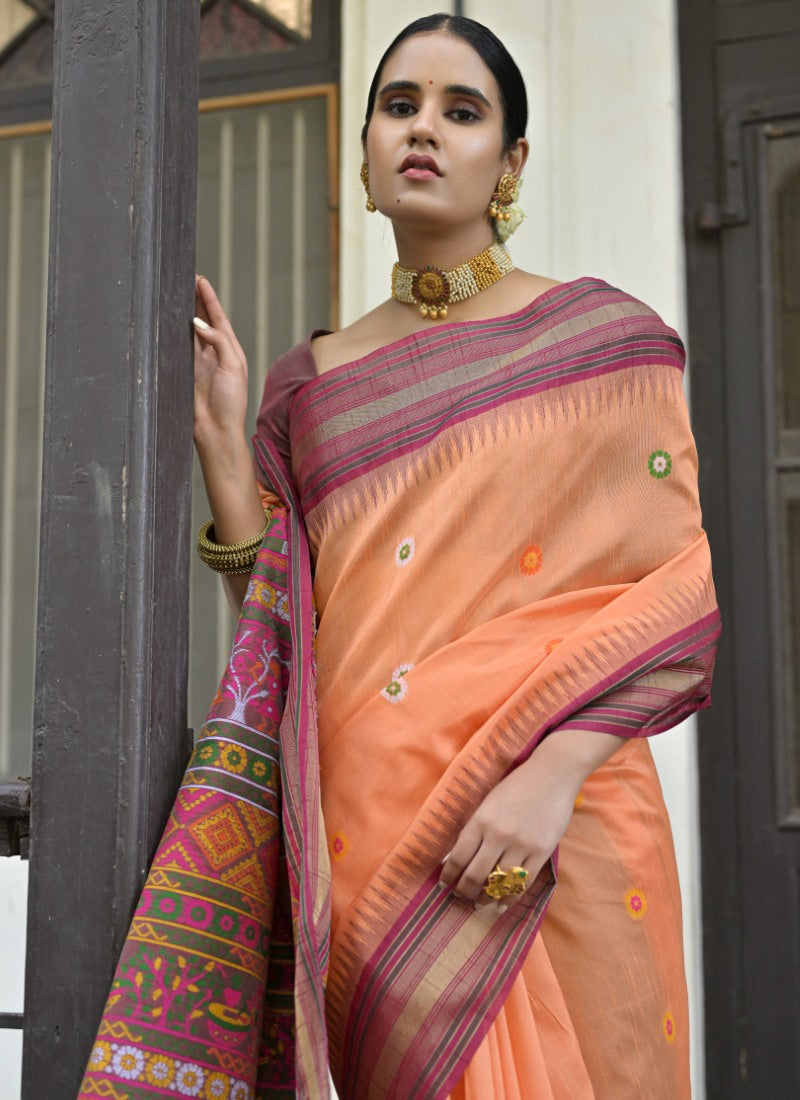 Orange Silk Handloom Saree With Handwoven Work