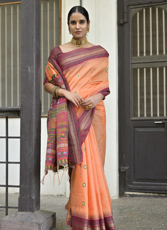 Orange Silk Handloom Saree With Handwoven Work