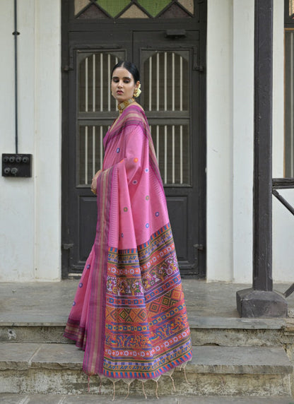 Pink Silk Handloom Saree With Handwoven Work-2