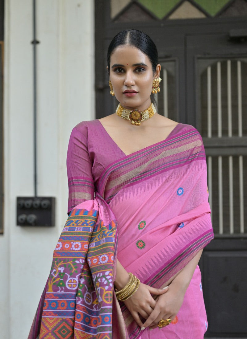 Pink Silk Handloom Saree With Handwoven Work