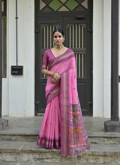 Pink Silk Handloom Saree With Handwoven Work