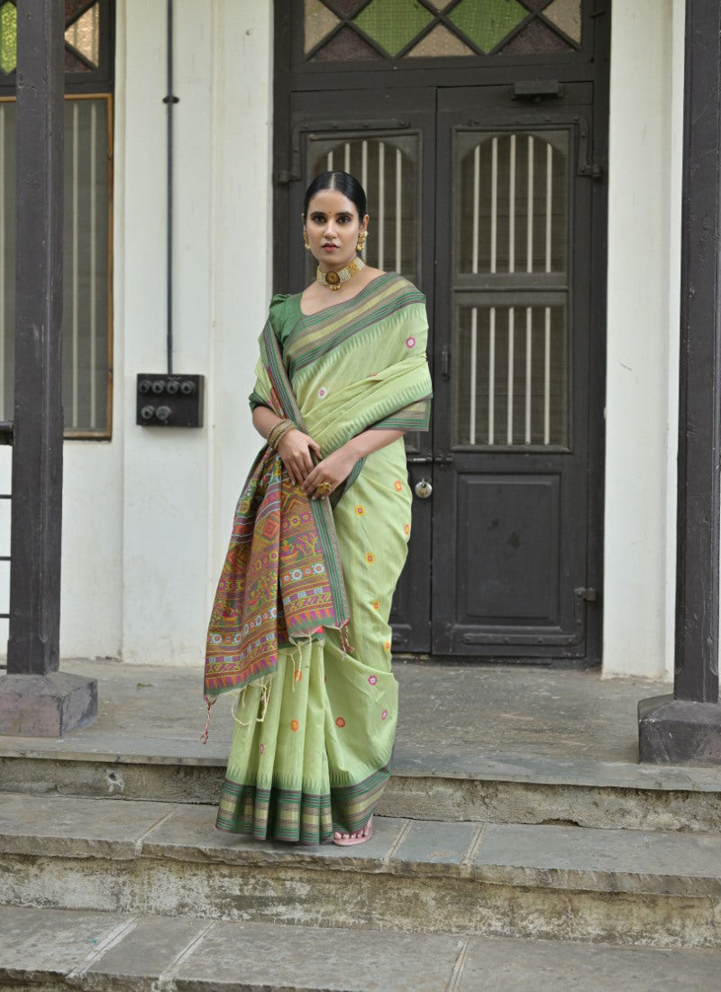 Pista Green Silk Handloom Saree With Handwoven Work-2