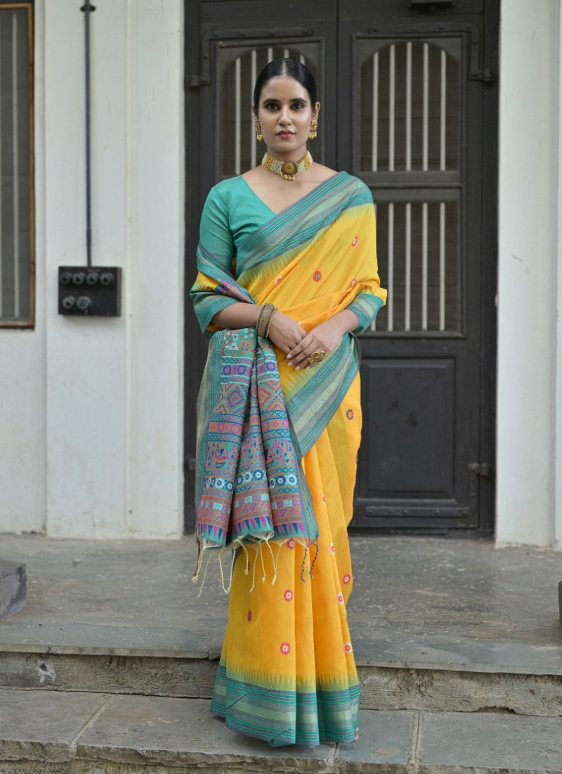 Yellow Silk Handloom Saree With Handwoven Work-2