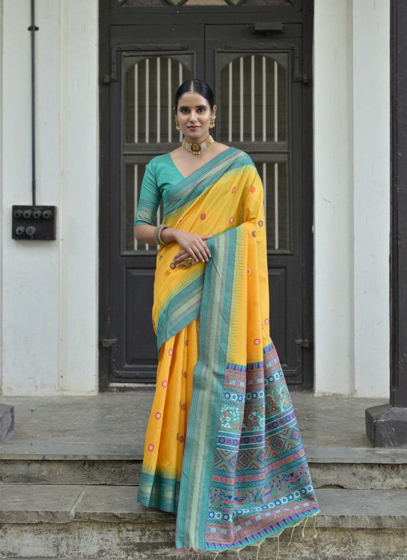 Yellow Silk Handloom Saree With Handwoven Work