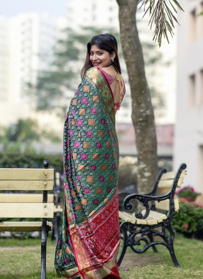 Green Banarasi Silk Saree With Resham Work