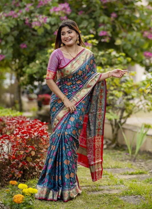 Teal Blue Banarasi Silk Saree With Resham Work