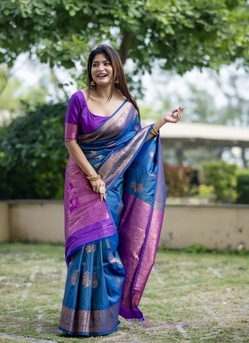 Blue Banarasi Silk Saree With Resham Work