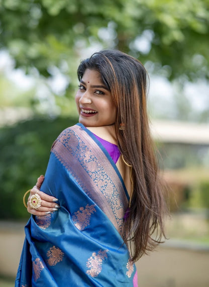 Blue Banarasi Silk Saree With Resham Work