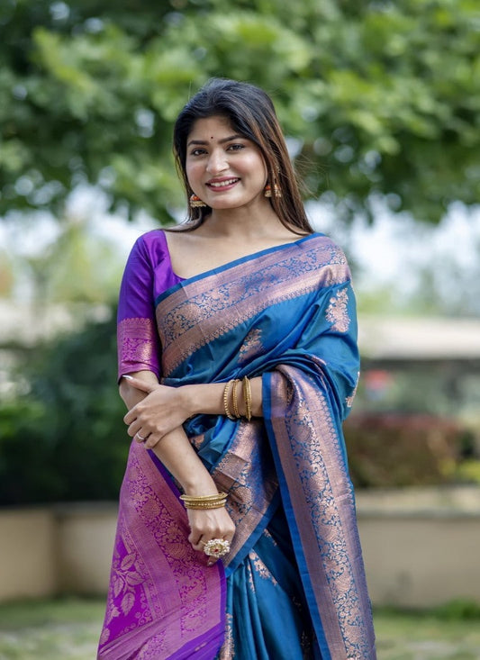Blue Banarasi Silk Saree With Resham Work