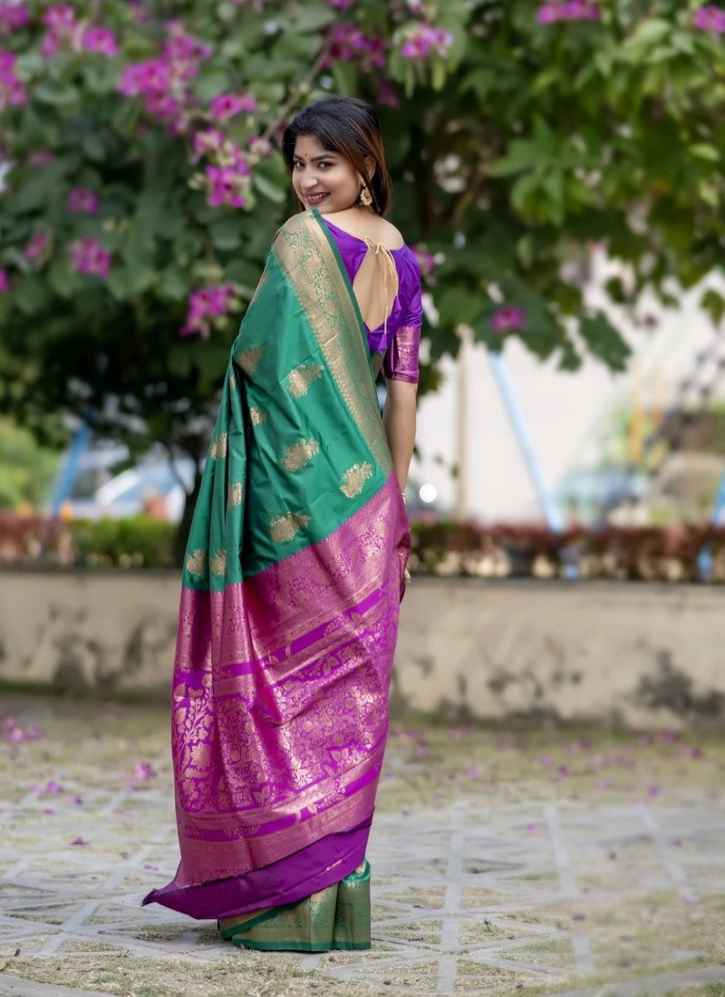 Green Banarasi Silk Saree With Resham Work