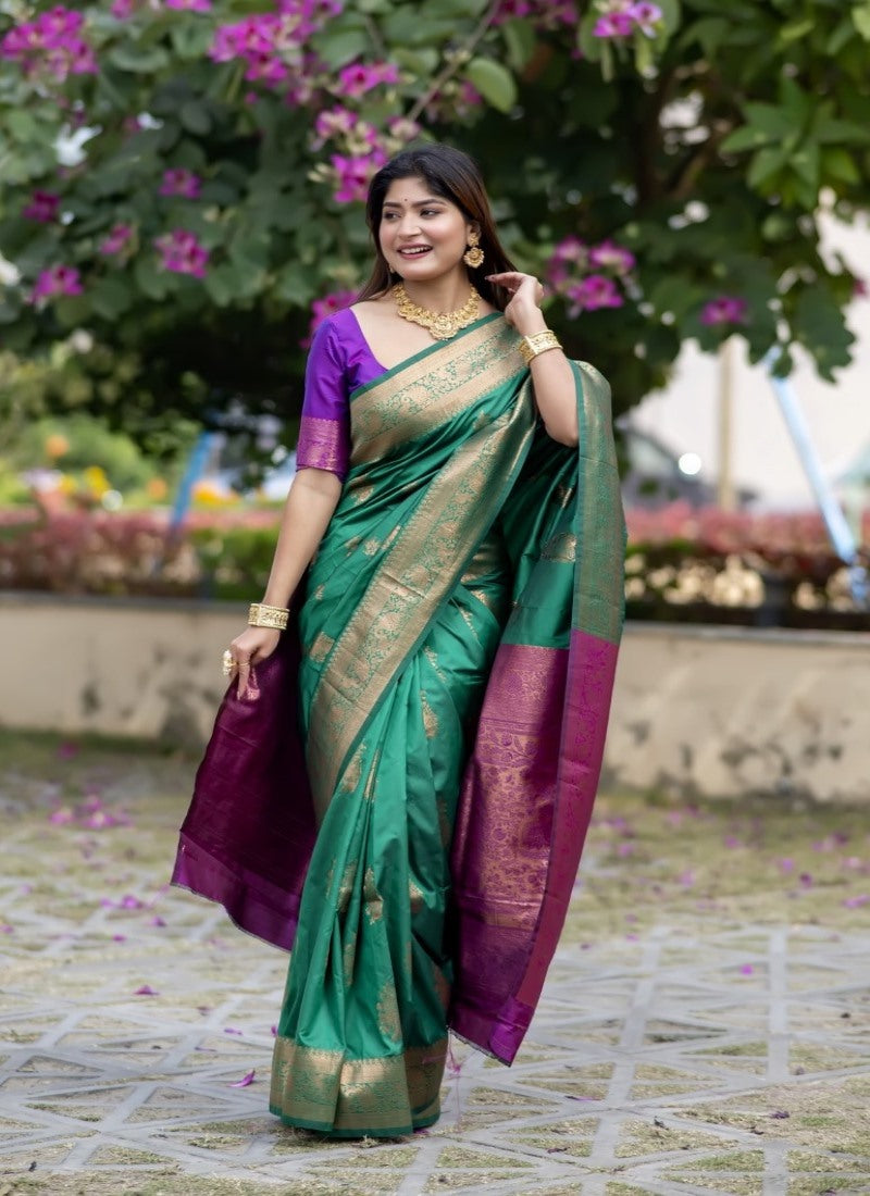 Green Banarasi Silk Saree With Resham Work