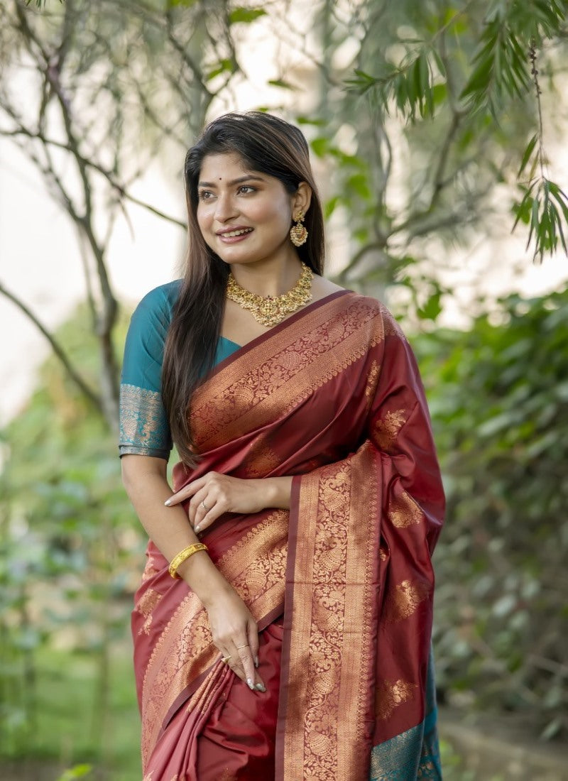 Maroon Banarasi Silk Saree With Resham Work